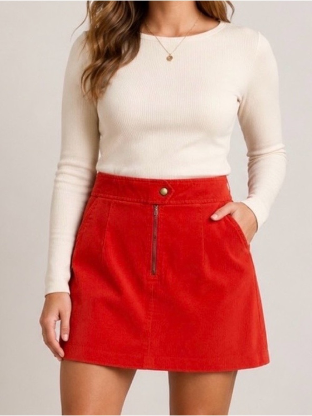 J.Crew Sunset Red Corduroy Mini A-Line Skirt Size 2 Front Zip 100% Cotton Lined